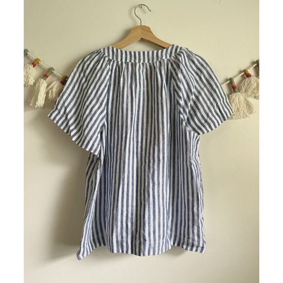 J. Crew 100% Linen Flutter Sleeve Striped V-Neck Top Nautical Coastal Breathable - Picture 2 of 9